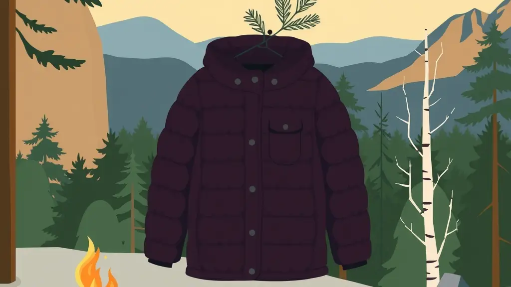 Illustration av en vinröd dunjacka som hänger på en grankvist vid en liten brasa i skymningen