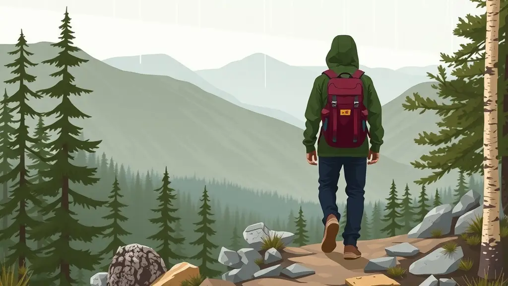 Illustration av en vandrare bakifrån i grön regnjacka på en stenig fjällstig i lätt regn