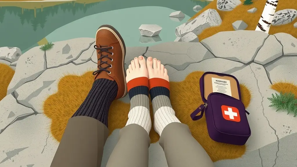 Illustration av fötter i ullsockor och en känga på en häll vid en sjö, bredvid ett första hjälpen-kit