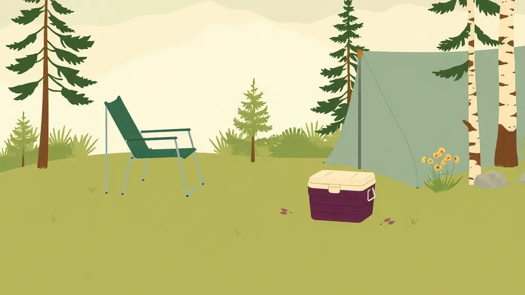Illustration av en campingplats vid en sjö med en hopfällbar stol, ett litet bord, en kylbox och ett tarpskydd på kvällen